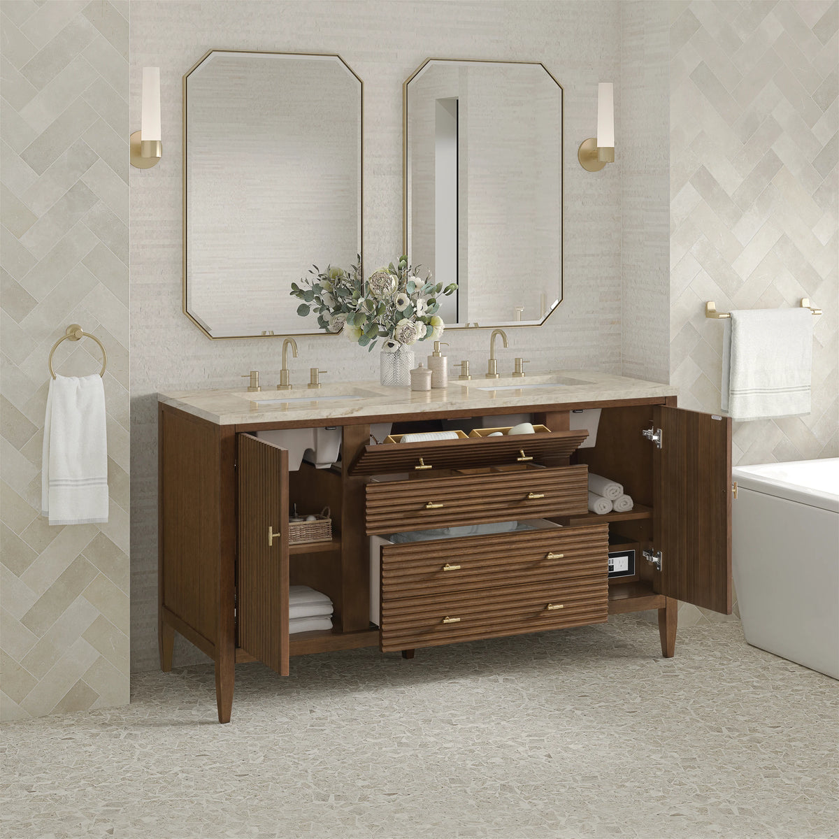 Myrrin 60" Double Vanity, Mid Century Walnut, w/ 3 CM Tajnar Eclos Top w/FreePower Wireless Charger, view 7