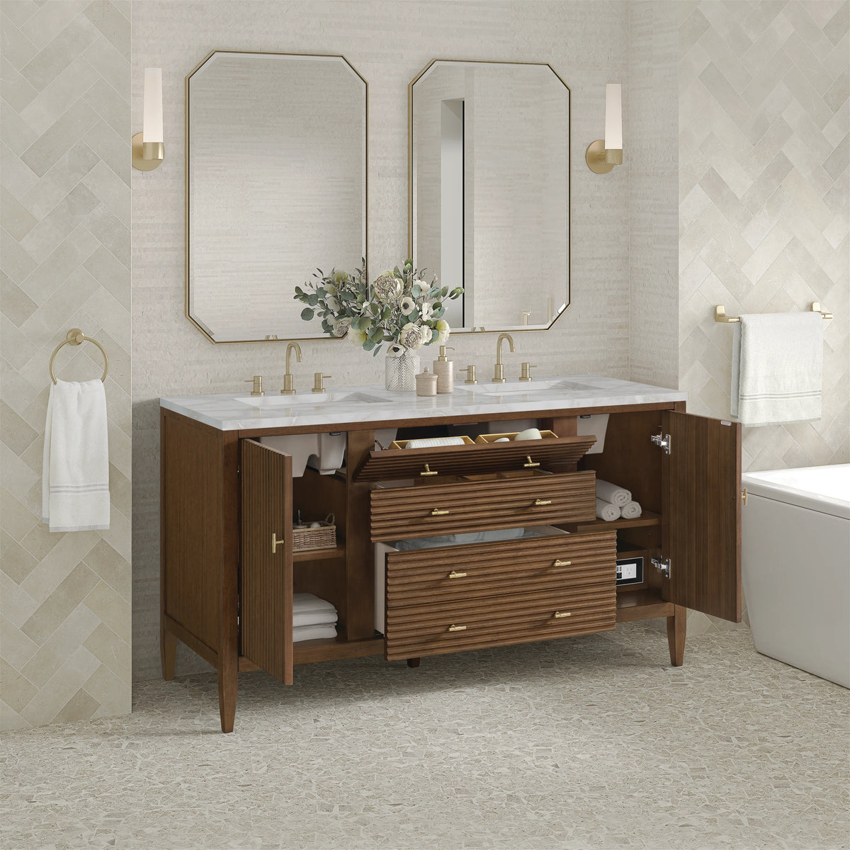 Myrrin 60" Double Vanity, Mid Century Walnut w/ 3 CM Victorian Silver Silestone Top w/FreePower Wireless Charger, view 8