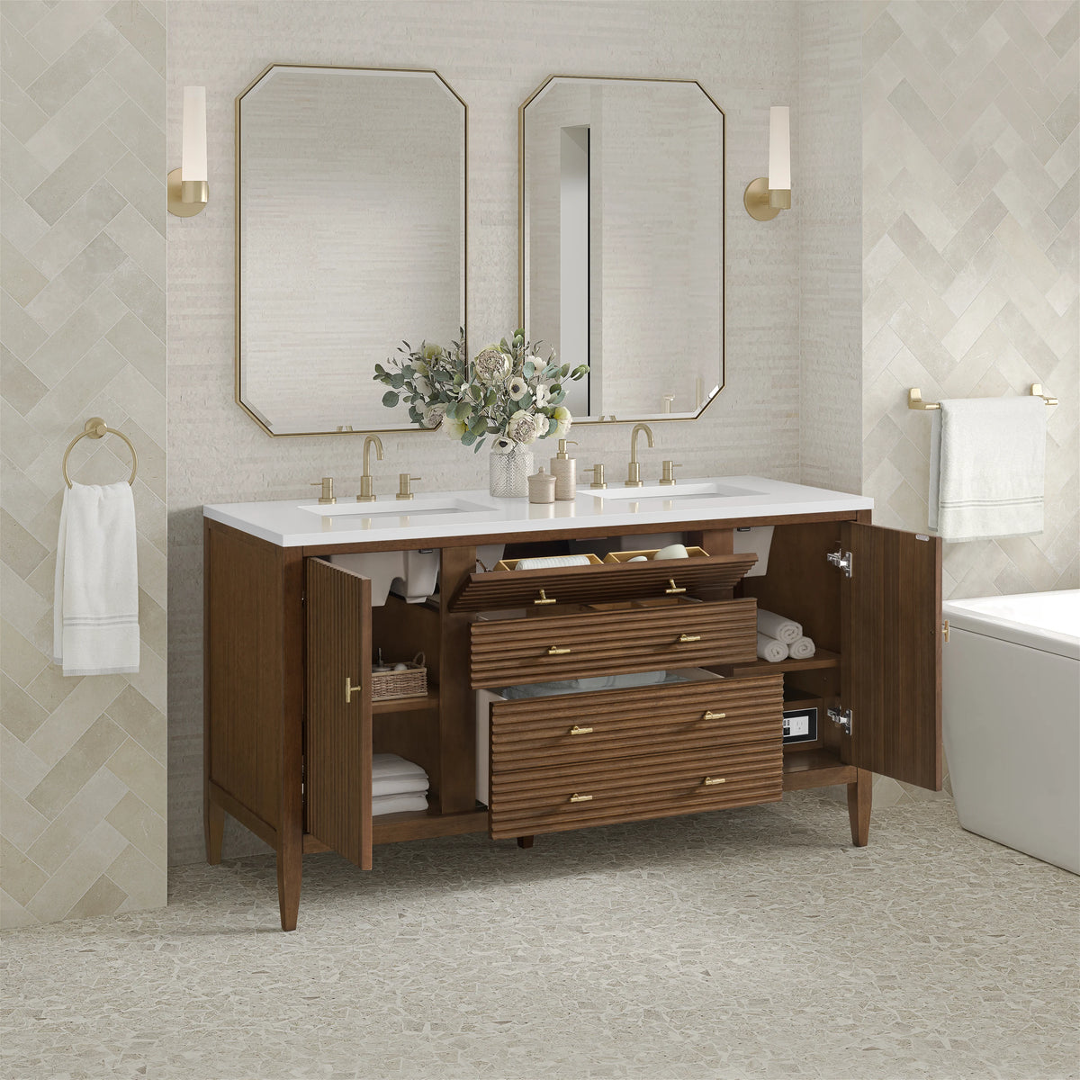 Myrrin 60" Double Vanity, Mid Century Walnut w/ 3 CM White Zeus Silestone Top, view 5