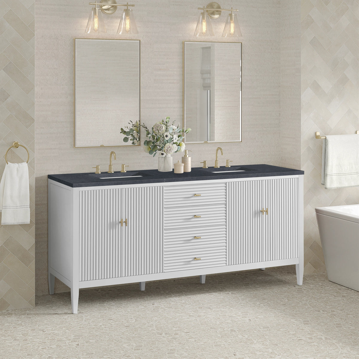 Myrrin 72" Double Vanity, Bright White w/ 3 CM Charcoal Soapstone Silestone Top, view 4