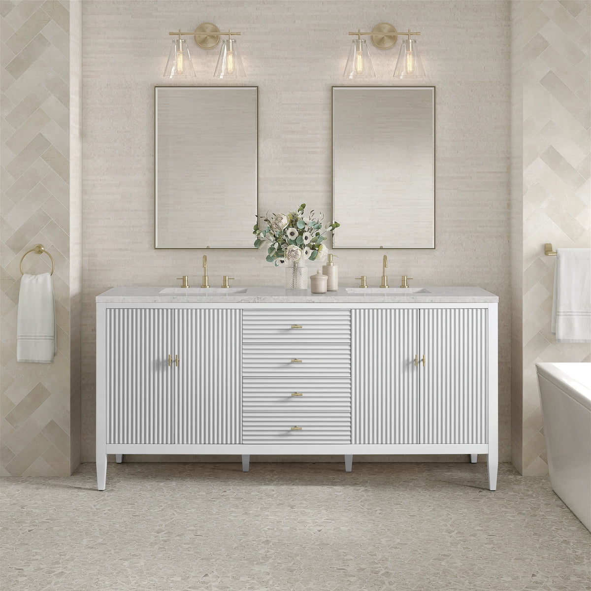 Myrrin 72" Double Vanity, Bright White w/ 3 CM Eternal Jasmine Pearl Silestone Top, view 3
