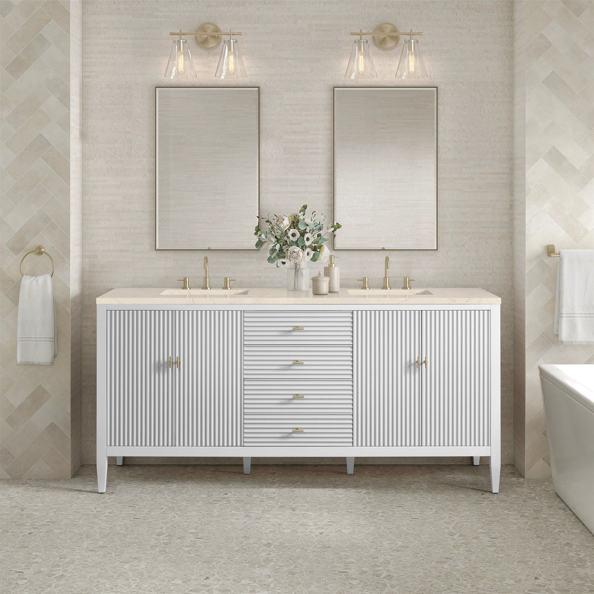 Renovate for Less Atlanta Myrrin 72" Double Vanity, Bright White w/ 3 CM Eternal Marfil Silestone Top, view 3