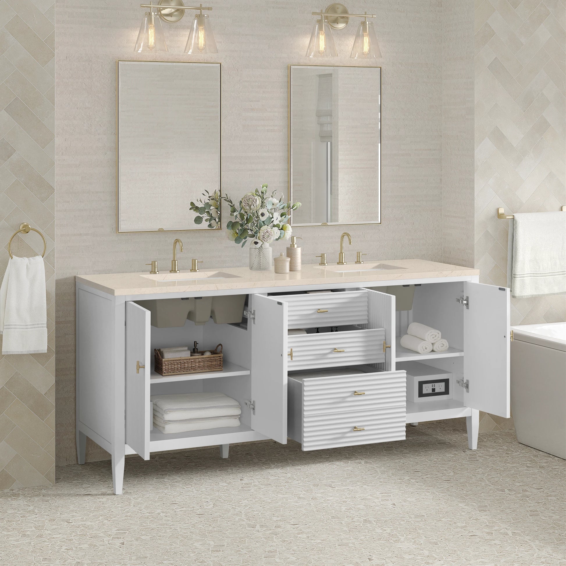 Renovate for Less Atlanta Myrrin 72" Double Vanity, Bright White w/ 3 CM Eternal Marfil Silestone Top, view 5