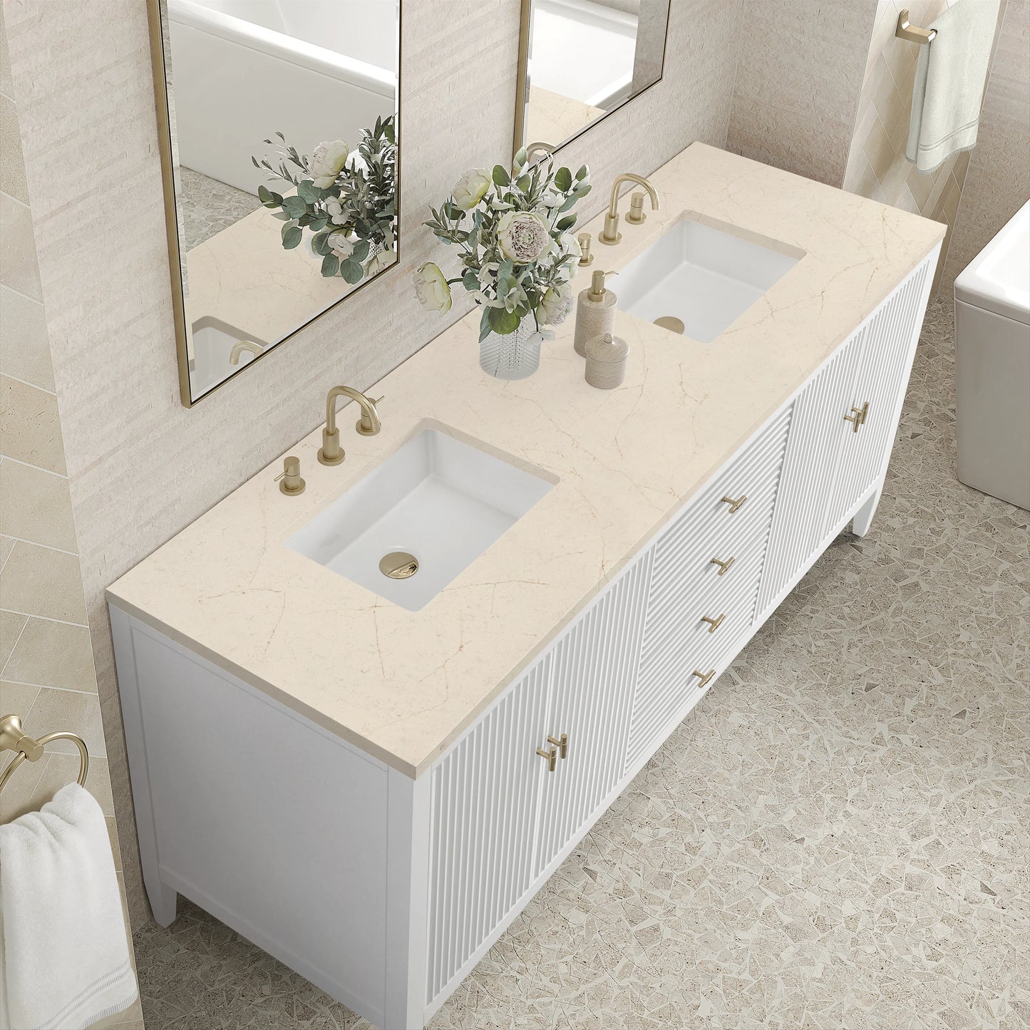 Renovate for Less Atlanta Myrrin 72" Double Vanity, Bright White w/ 3 CM Eternal Marfil Silestone Top, view 7