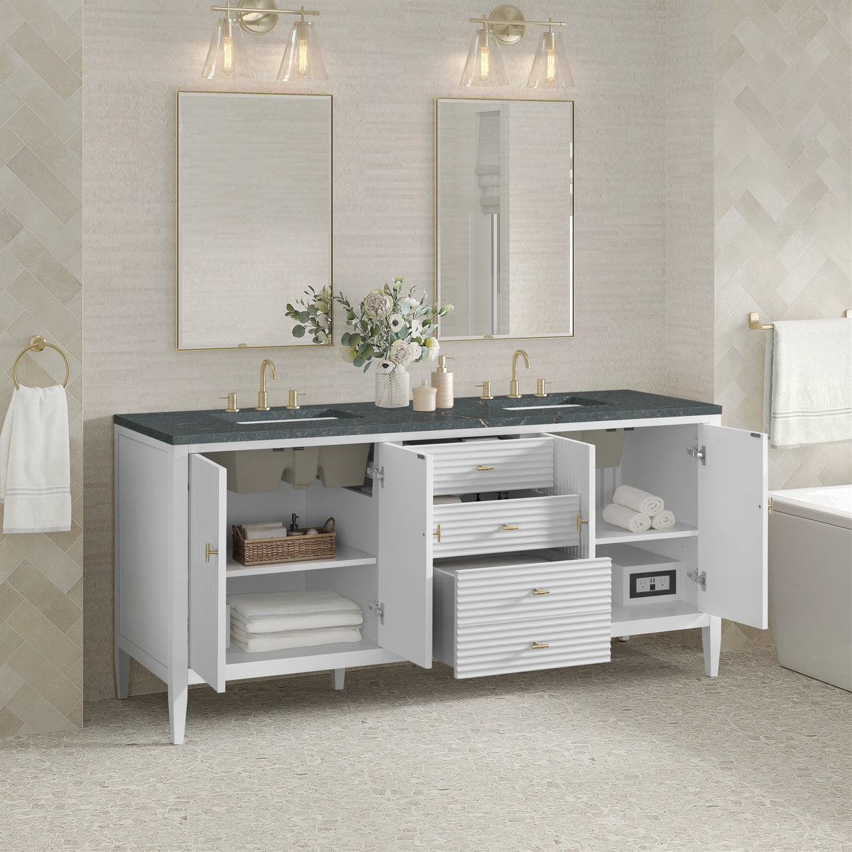 Myrrin 72" Double Vanity, Bright White w/ 3 CM Parisien Bleu Silestone Top, view 5