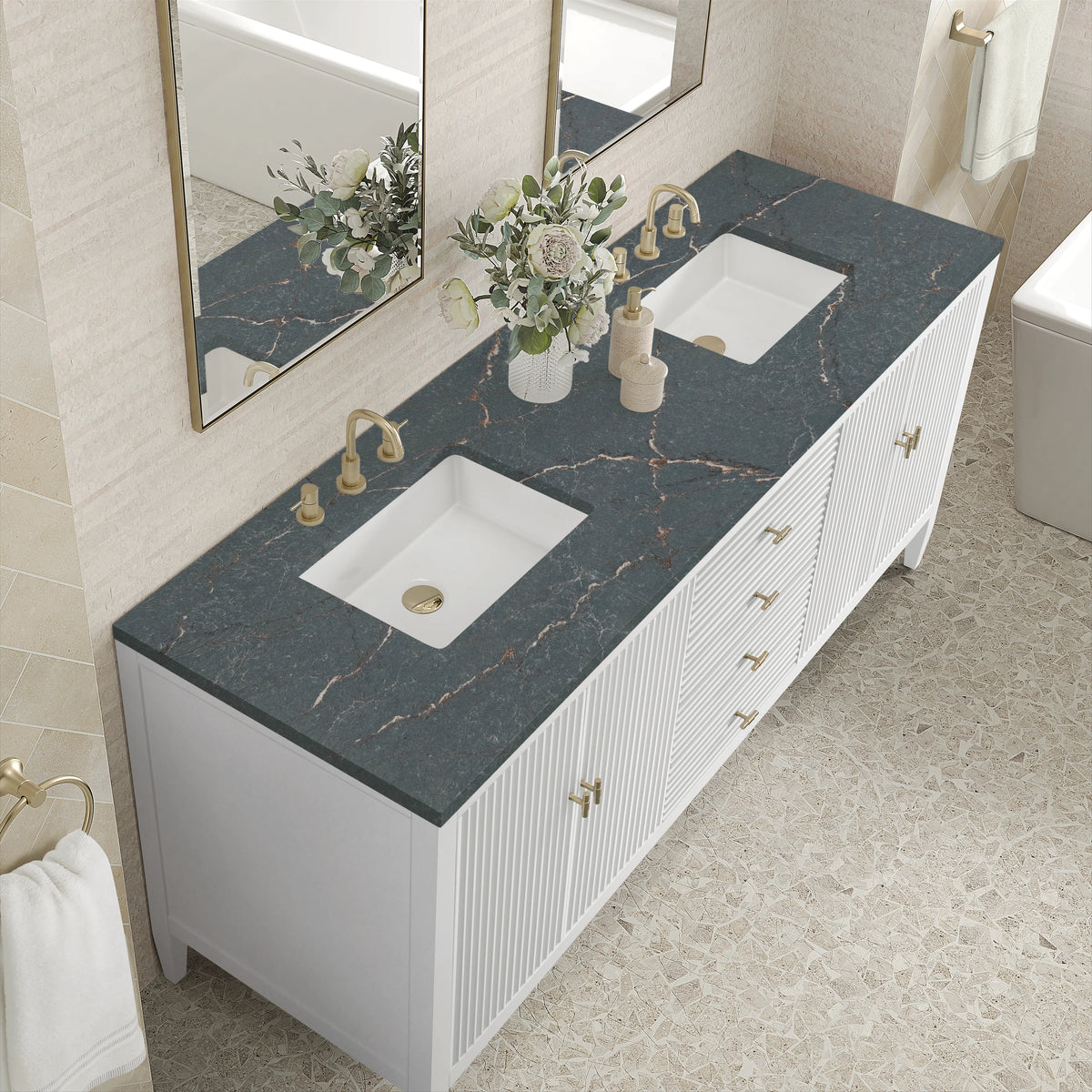 Myrrin 72" Double Vanity, Bright White w/ 3 CM Parisien Bleu Silestone Top, view 7