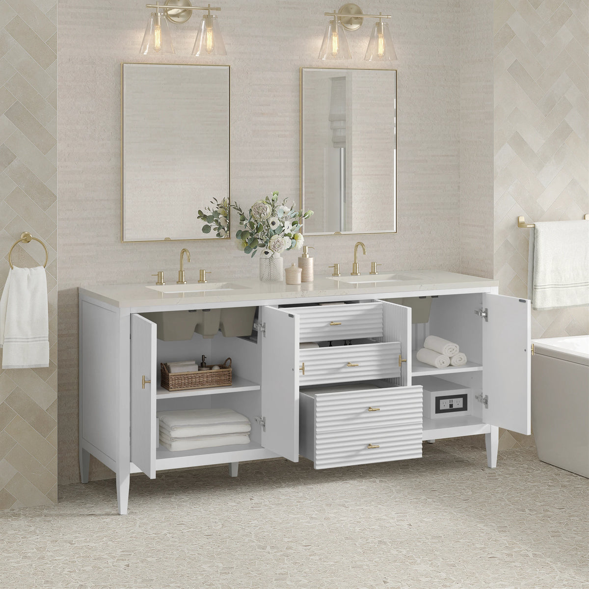Myrrin 72" Vanity, Bright White, w/ 3 CM Siberian Silestone Top, view 5