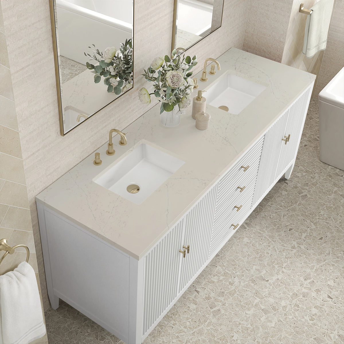 Myrrin 72" Vanity, Bright White, w/ 3 CM Siberian Silestone Top, view 7