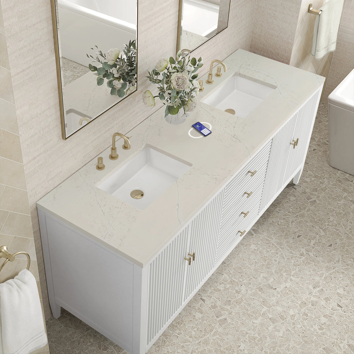 Myrrin 72" Vanity, Bright White, w/ 3 CM Siberian Silestone Top w/FreePower Wireless Charger, view 9