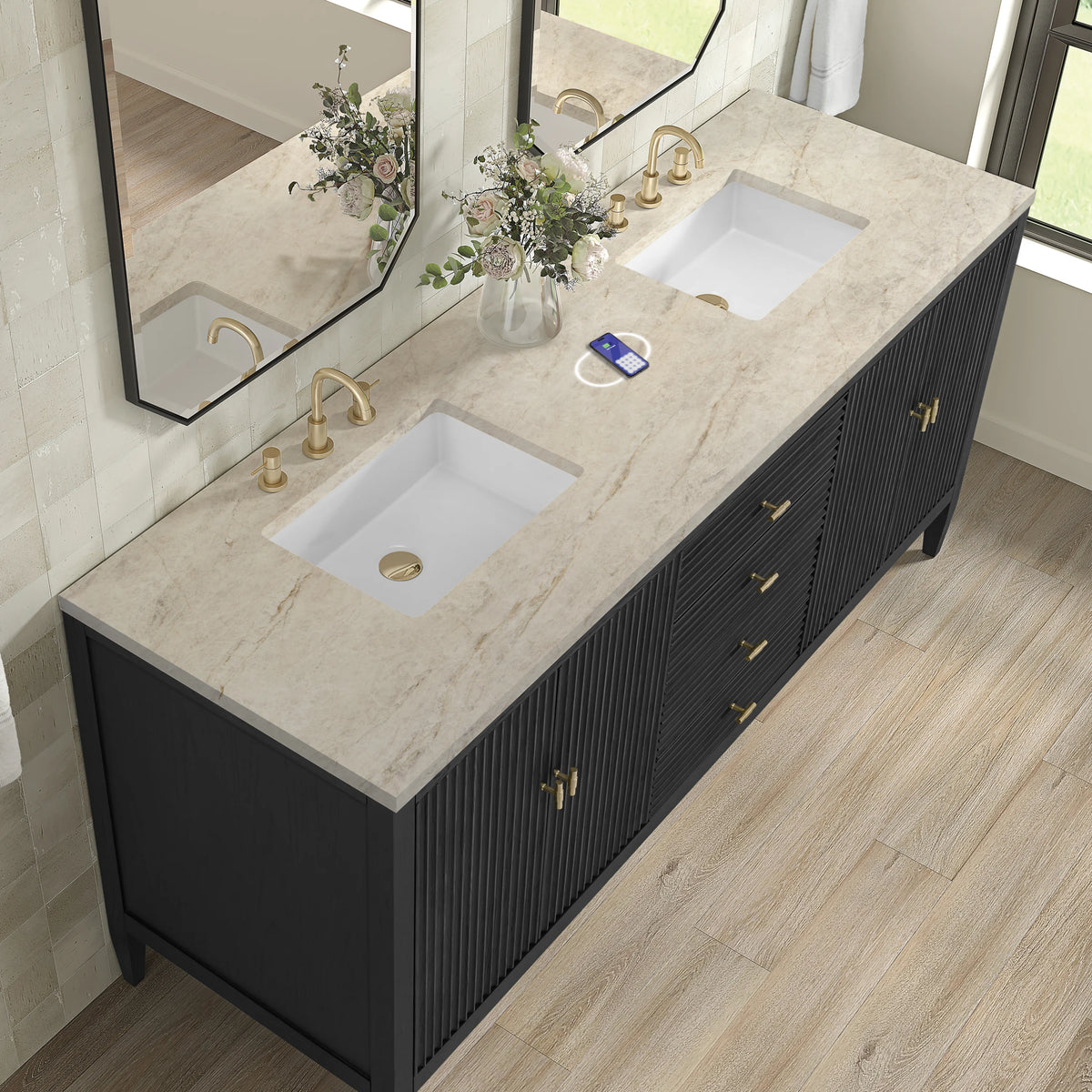 Myrrin 72" Vanity, Carbon Oak, w/ 3 CM Tajnar Eclos Top w/FreePower Wireless Charger, view 9