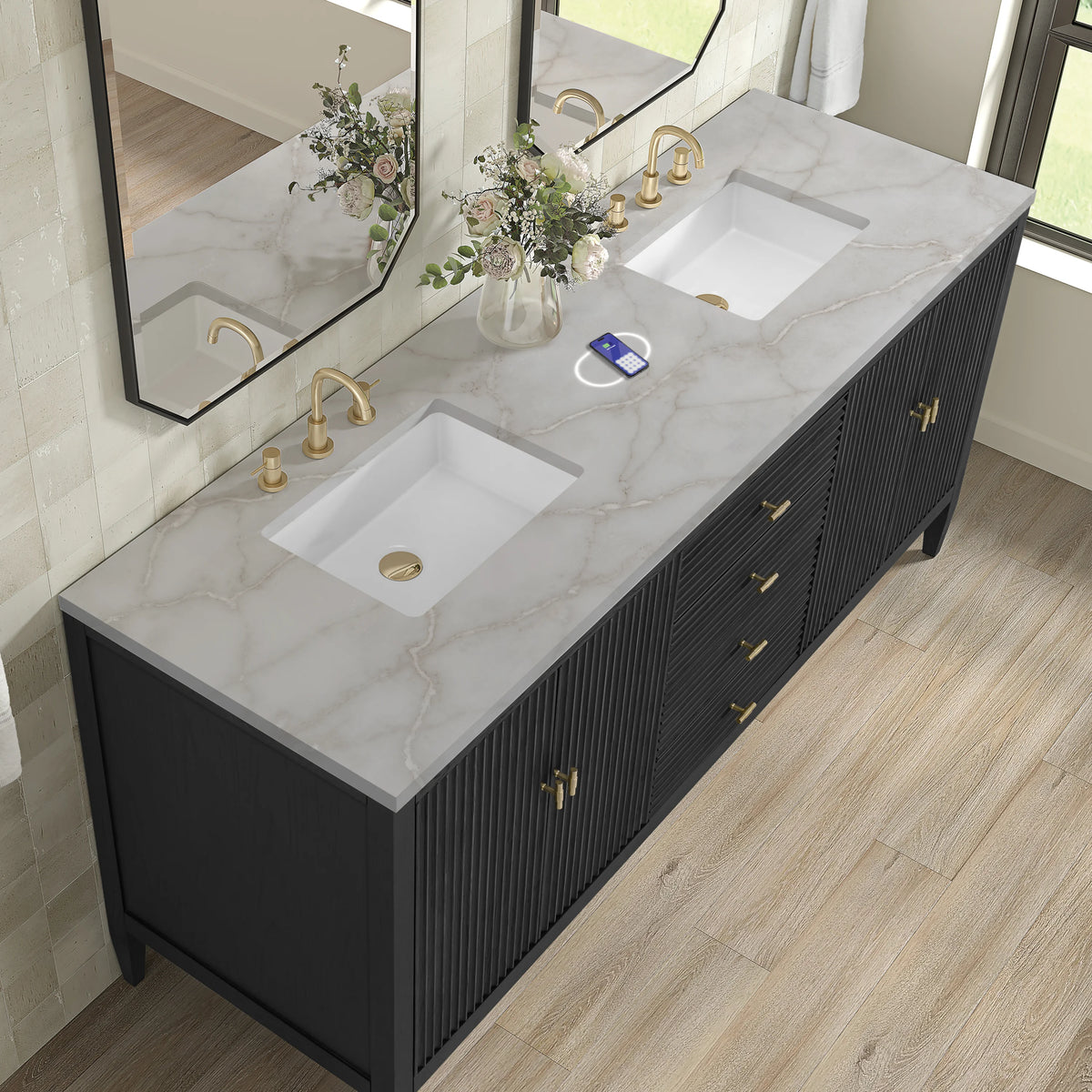 Myrrin 72" Double Vanity, Carbon Oak w/ 3 CM Victorian Silver Silestone Top w/FreePower Wireless Charger, view 10