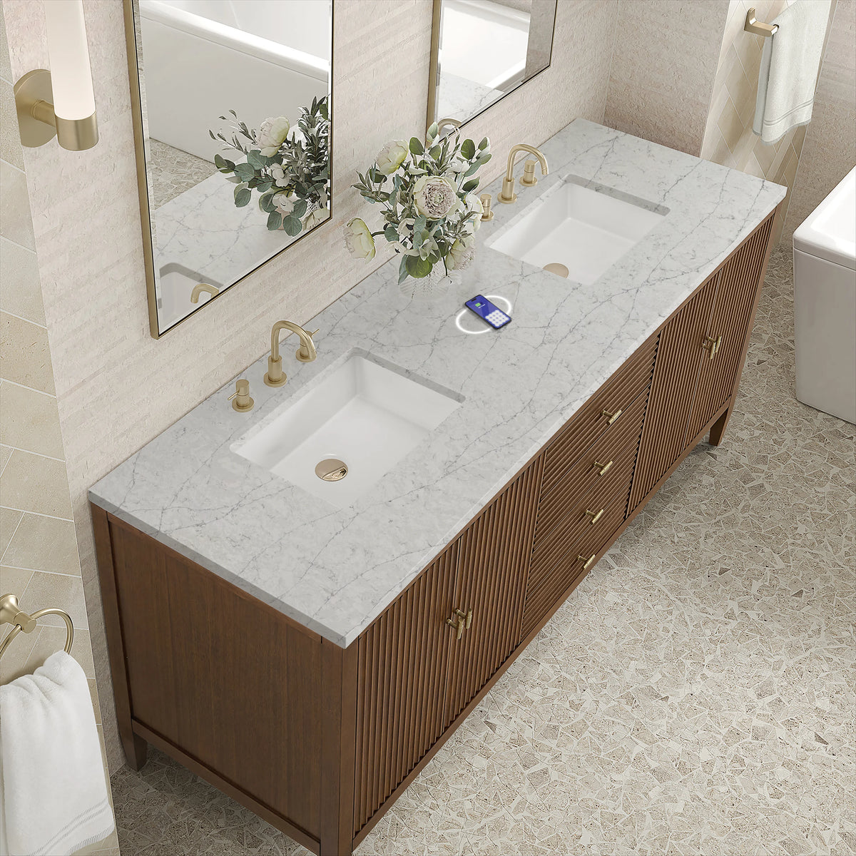 Myrrin 72" Double Vanity, Mid Century Walnut w/ 3 CM Eternal Jasmine Pearl Silestone Top w/FreePower Wireless, view 10