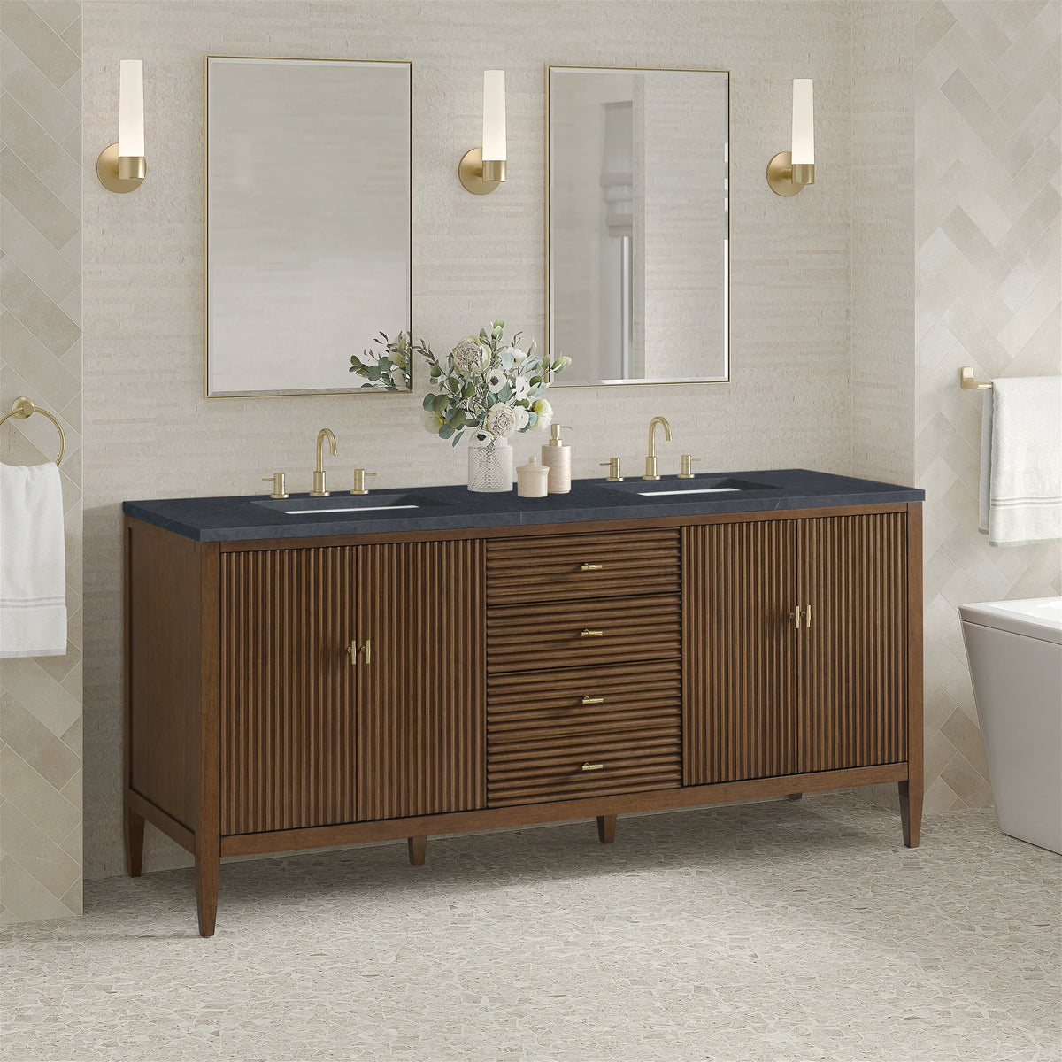 Myrrin 72" Double Vanity, Mid Century Walnut w/ 3 CM Charcoal Soapstone Silestone Top, view 4