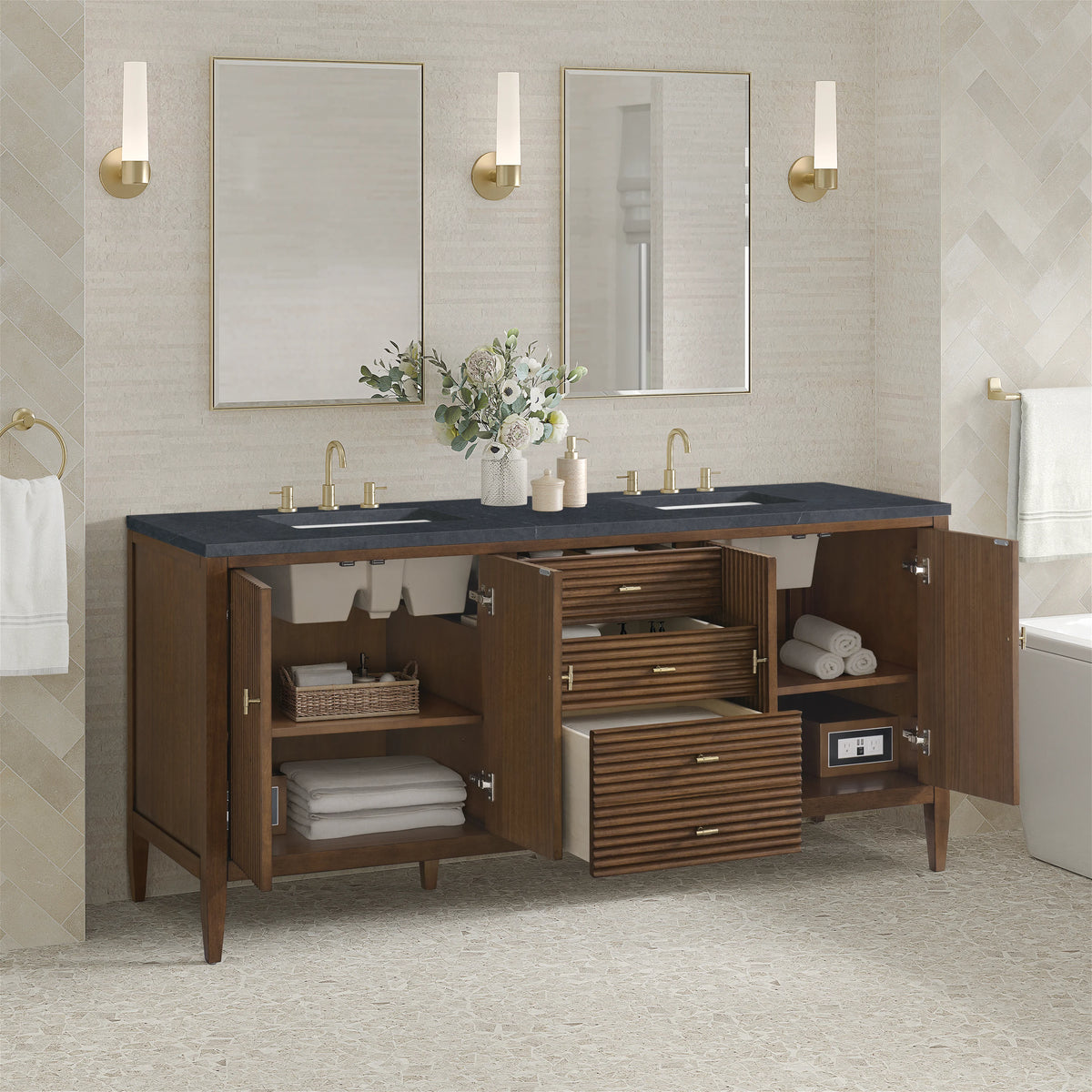 Myrrin 72" Double Vanity, Mid Century Walnut w/ 3 CM Charcoal Soapstone Silestone Top, view 5