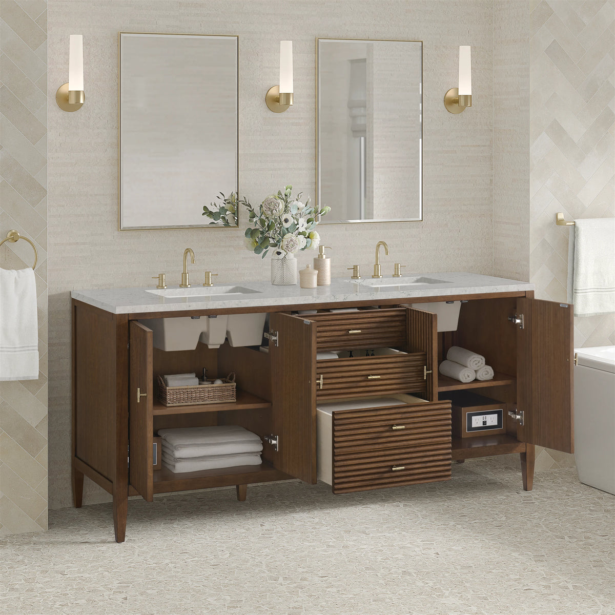 Myrrin 72" Double Vanity, Mid Century Walnut w/ 3 CM Eternal Jasmine Pearl Silestone Top, view 5