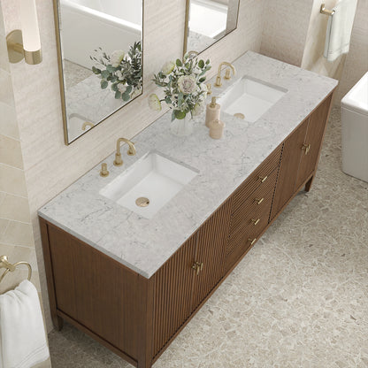 Myrrin 72" Double Vanity, Mid Century Walnut w/ 3 CM Eternal Jasmine Pearl Silestone Top, view 7