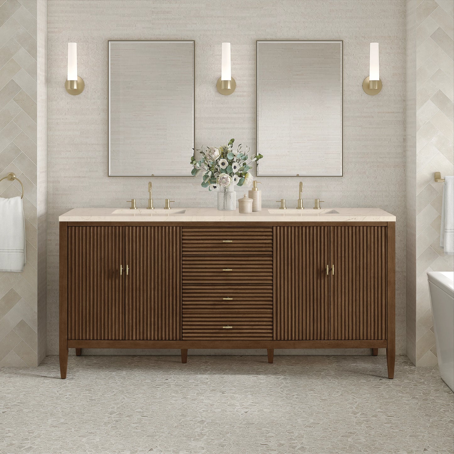 Renovate for Less Atlanta Myrrin 72" Double Vanity, Mid Century Walnut w/ 3 CM Eternal Marfil Silestone Top, view 3
