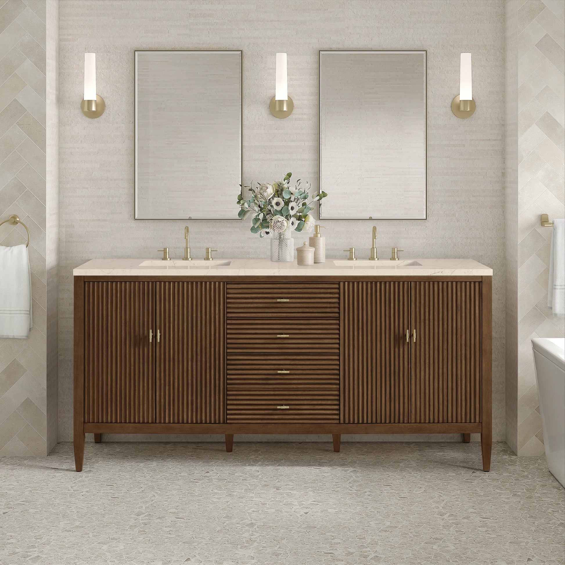 Renovate for Less Atlanta Myrrin 72" Double Vanity, Mid Century Walnut w/ 3 CM Eternal Marfil Silestone Top, view 3