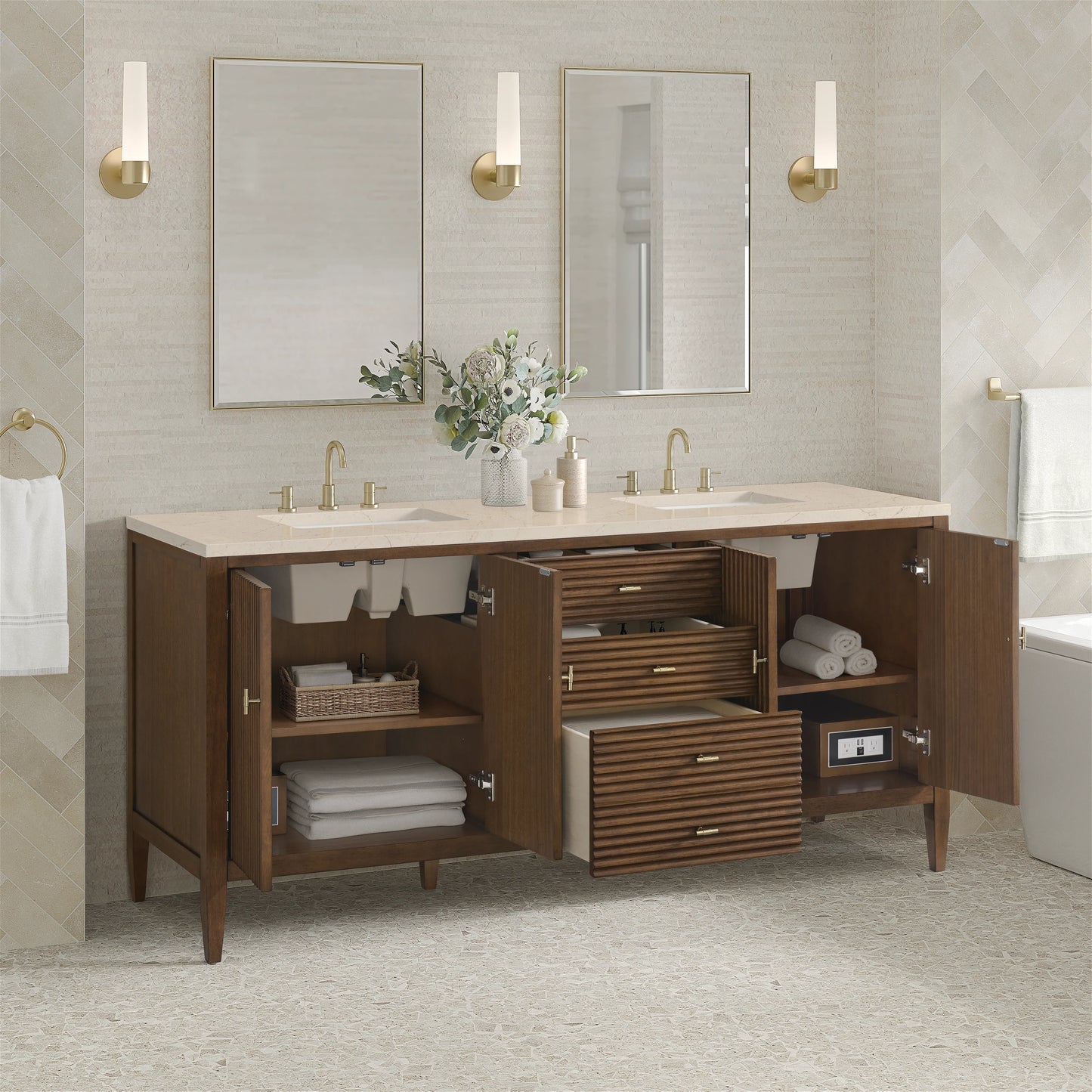 Renovate for Less Atlanta Myrrin 72" Double Vanity, Mid Century Walnut w/ 3 CM Eternal Marfil Silestone Top, view 5