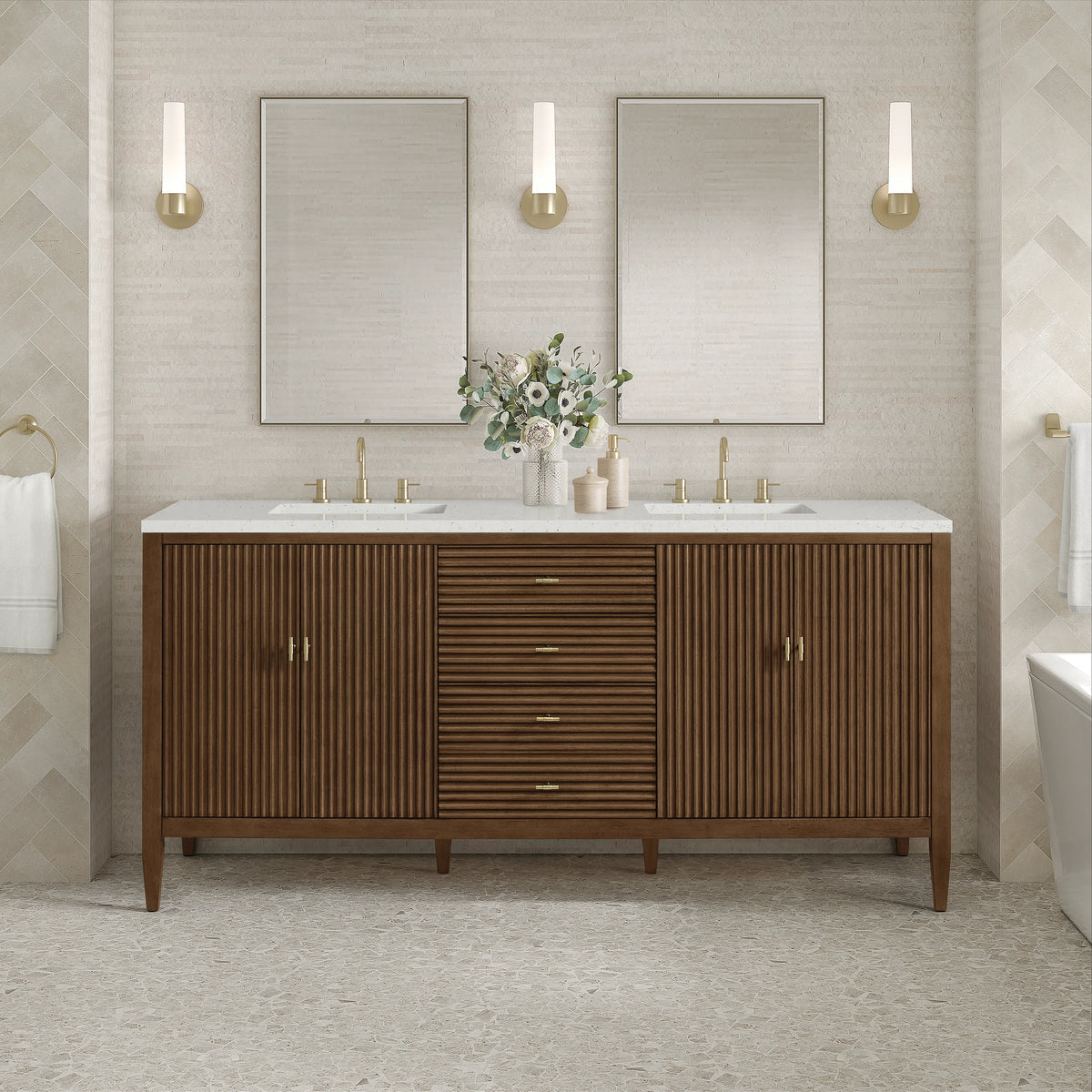 Myrrin 72" Double Vanity, Mid Century Walnut w/ 3 CM Lime Delight Silestone Top, view 3