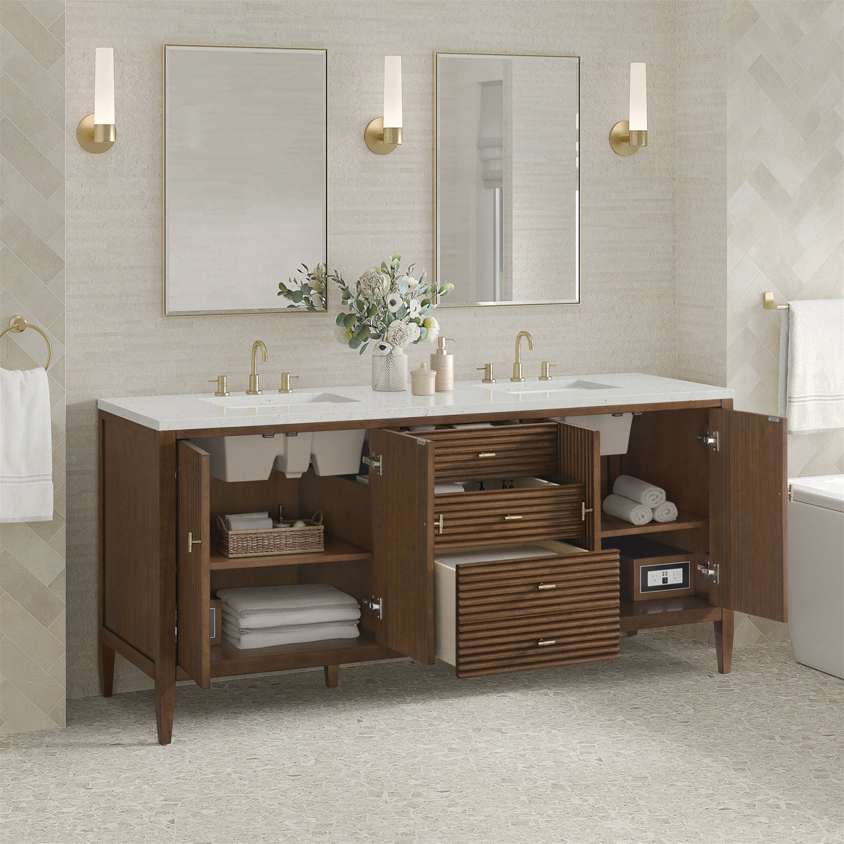 Myrrin 72" Double Vanity, Mid Century Walnut w/ 3 CM Lime Delight Silestone Top, view 5