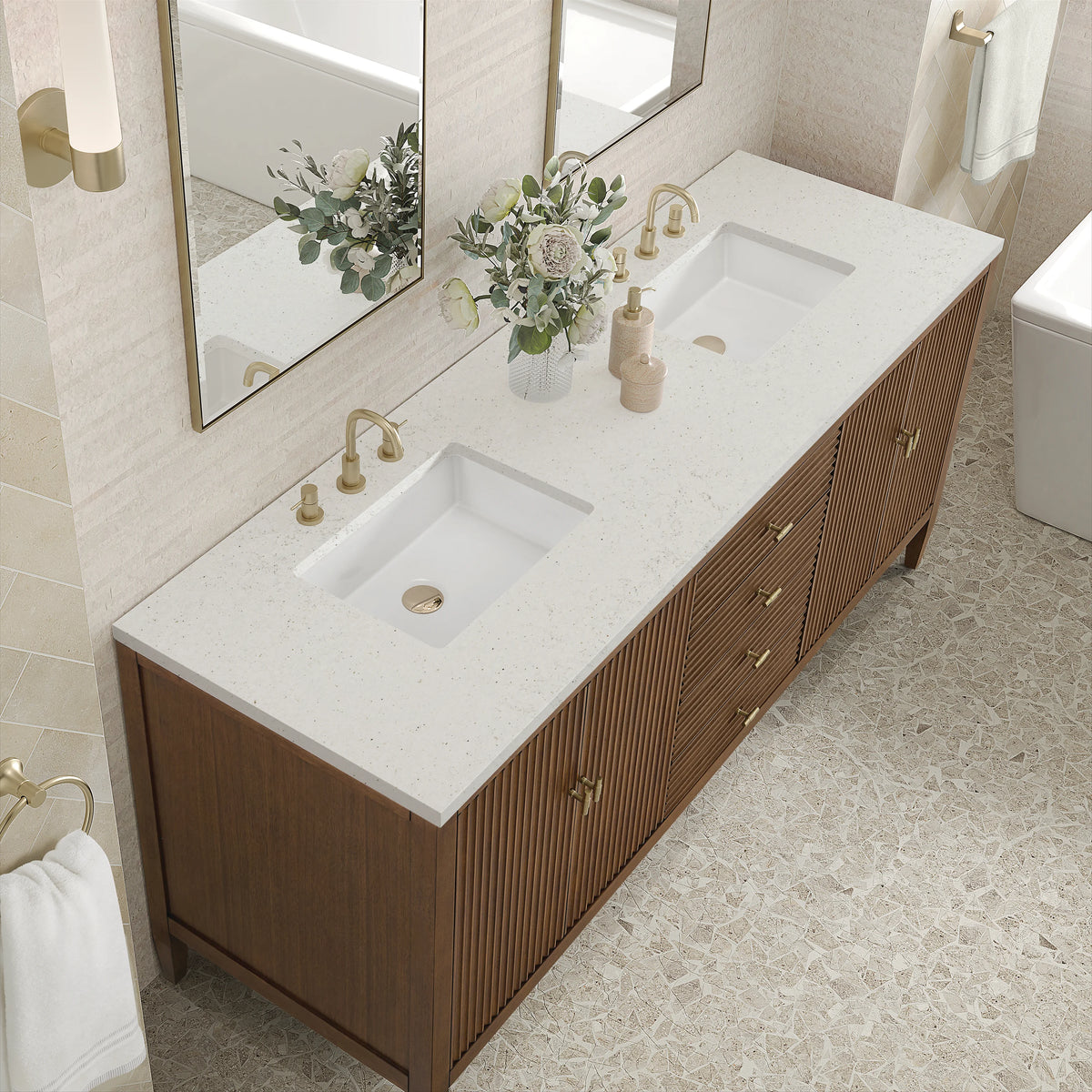 Myrrin 72" Double Vanity, Mid Century Walnut w/ 3 CM Lime Delight Silestone Top, view 7
