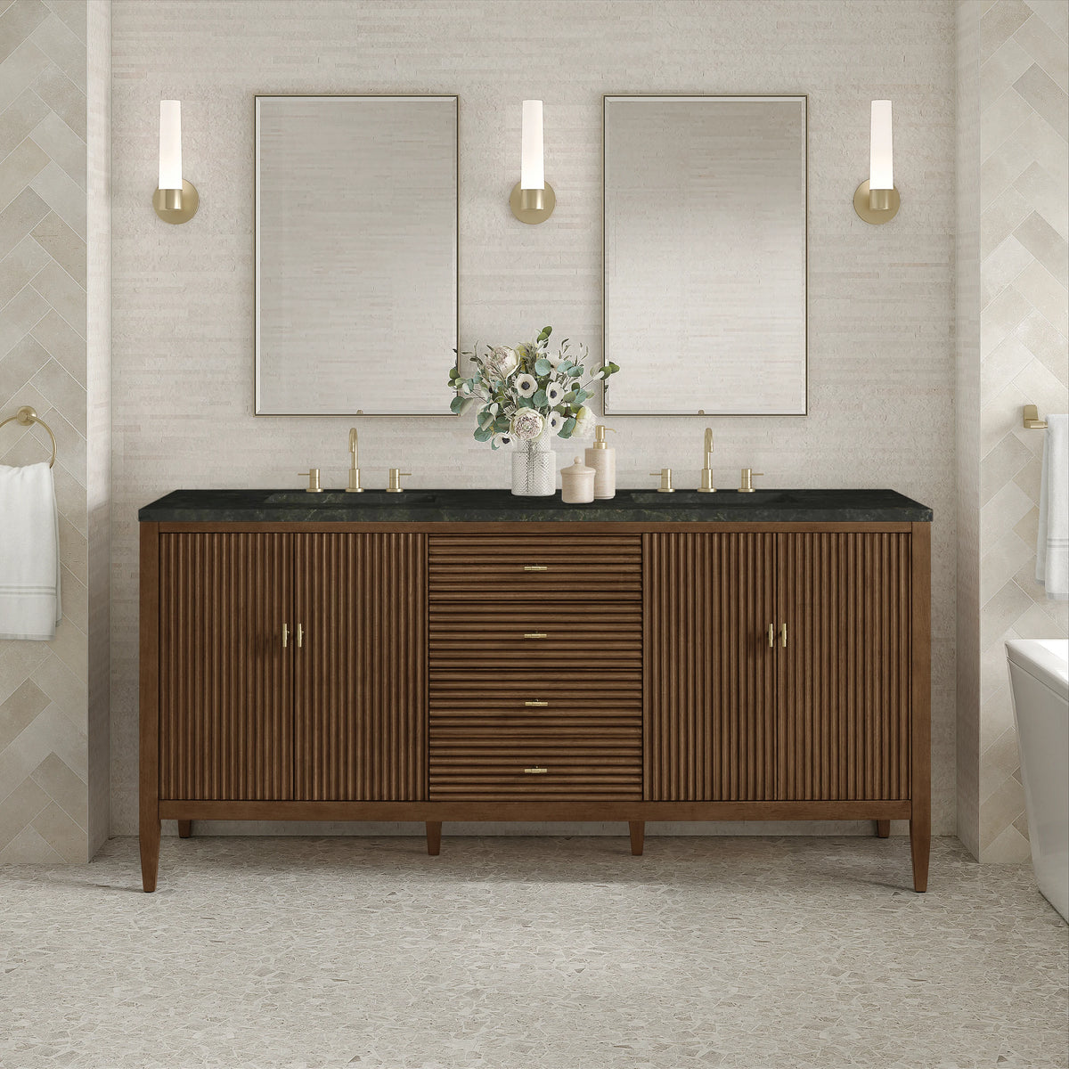 Myrrin 72" Vanity, Mid Century Walnut, w/ 3 CM Phantome Eclos Top, view 3