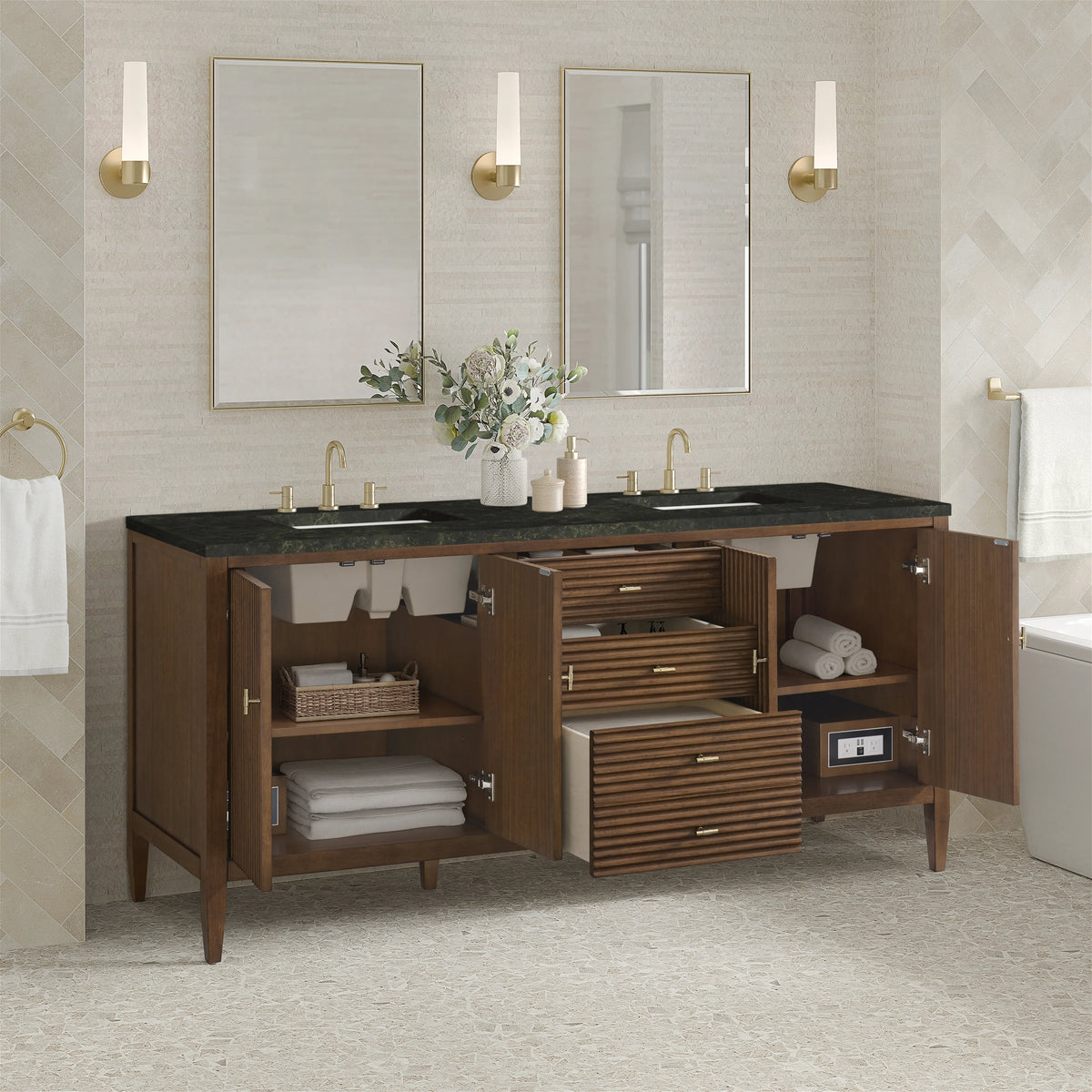 Myrrin 72" Vanity, Mid Century Walnut, w/ 3 CM Phantome Eclos Top, view 5