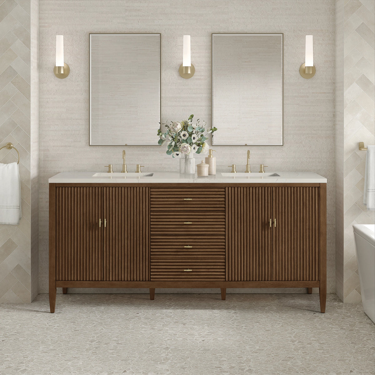 Myrrin 72" Vanity, Mid Century Walnut, w/ 3 CM Siberian Silestone Top, view 3