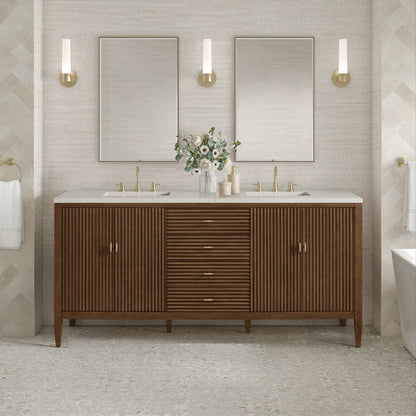 Myrrin 72" Vanity, Mid Century Walnut, w/ 3 CM Siberian Silestone Top, view 3