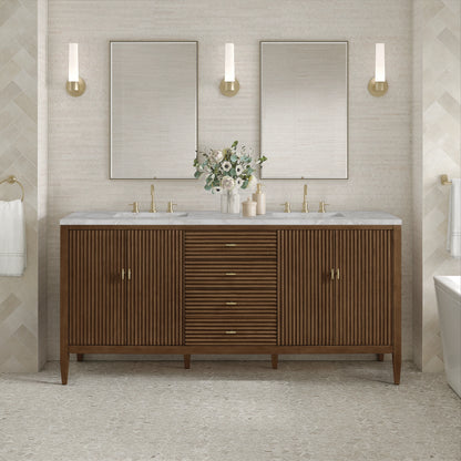 Myrrin 72" Double Vanity, Mid Century Walnut w/ 3 CM Victorian Silver Silestone Top, view 3