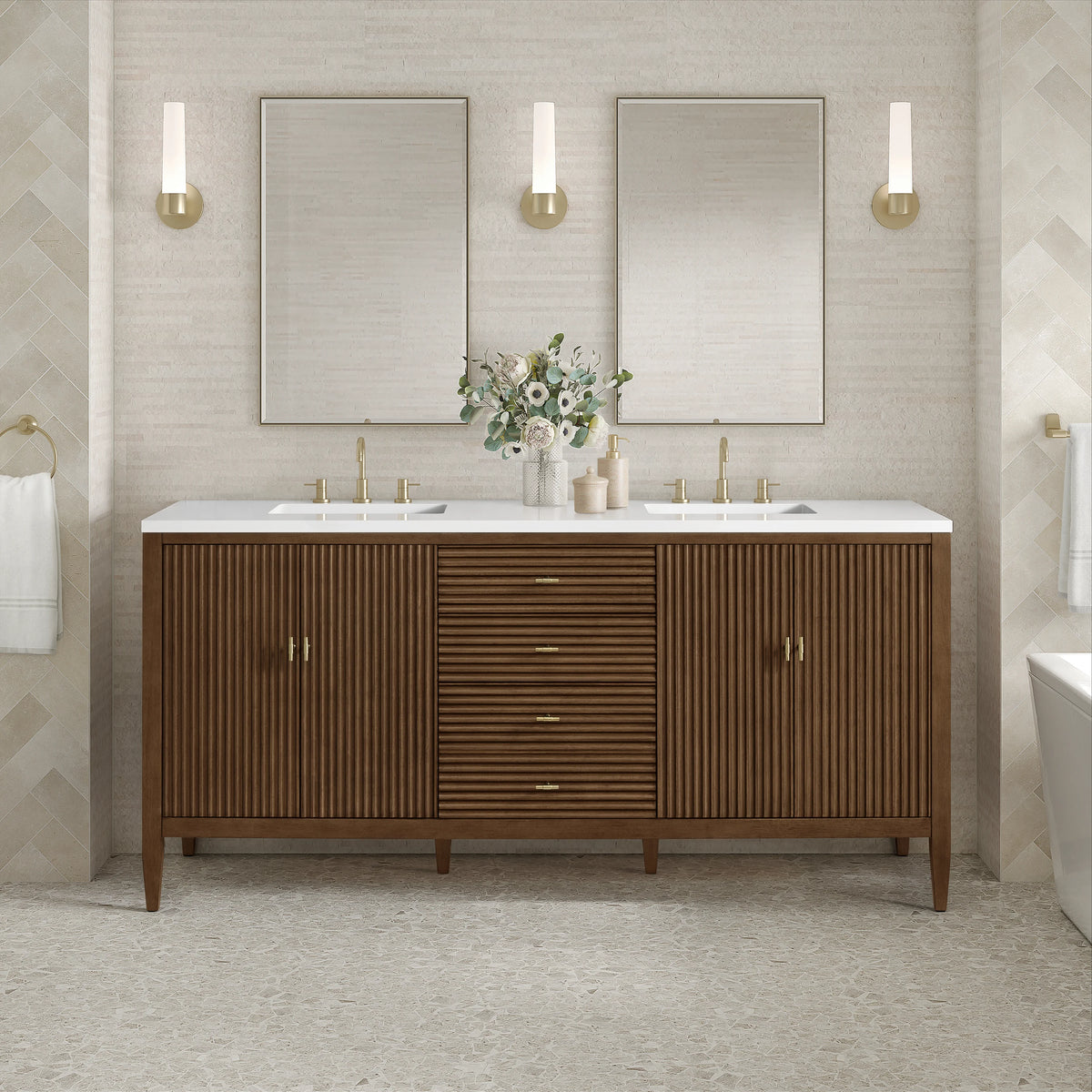 Myrrin 72" Double Vanity, Mid Century Walnut w/ 3 CM White Zeus Silestone Top, view 3