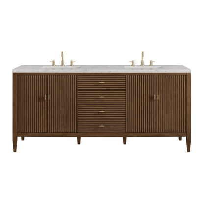 Myrrin 72" Double Vanity, Mid Century Walnut w/ 3 CM Eternal Jasmine Pearl Silestone Top w/FreePower Wireless Charger