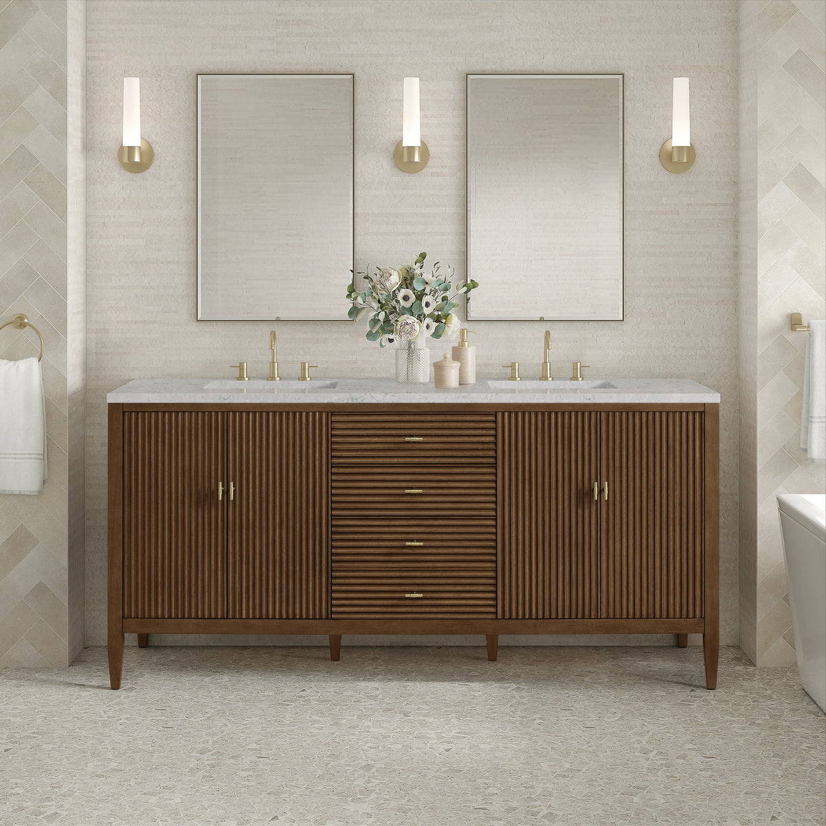 Myrrin 72" Double Vanity, Mid Century Walnut w/ 3 CM Eternal Jasmine Pearl Silestone Top w/FreePower Wireless C, view 6
