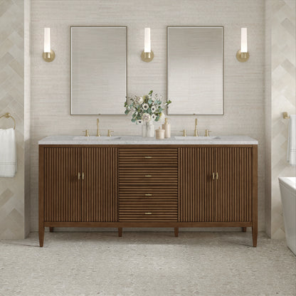 Myrrin 72" Double Vanity, Mid Century Walnut w/ 3 CM Eternal Jasmine Pearl Silestone Top w/FreePower Wireless C, view 6