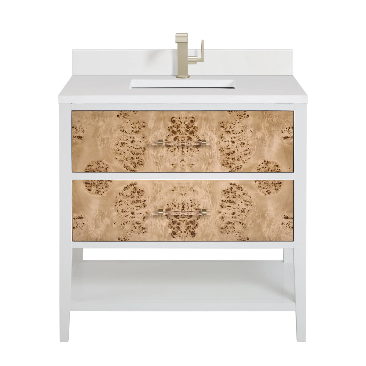 Olena 36" Single Vanity, Light Mappa Burl and Polished White w/ Single Hole 3 CM White Zeus Silestone Top & Backsplash
