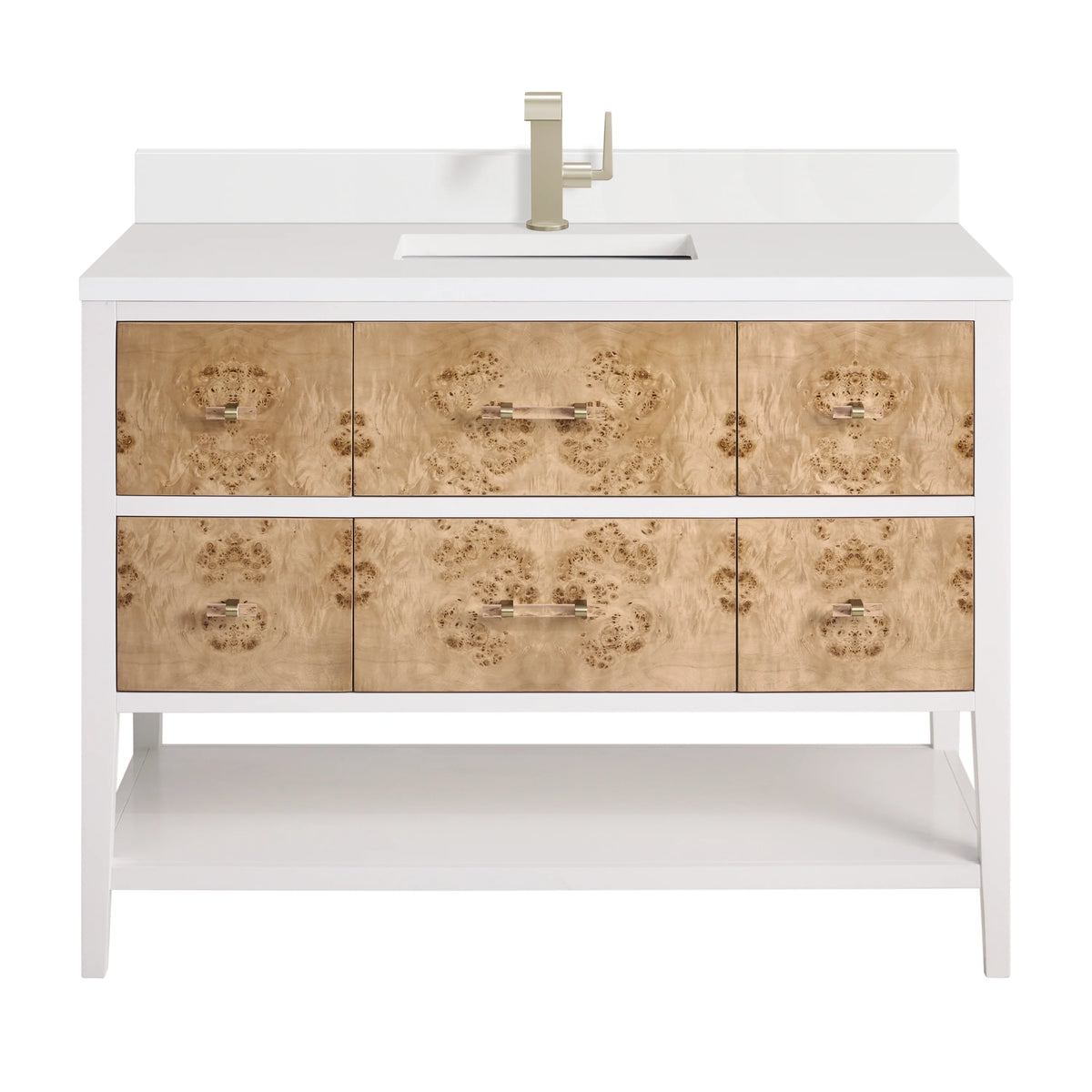 Olena 48" Single Vanity, Light Mappa Burl and Polished White w/ Single Hole 3 CM White Zeus Silestone Top & Backsplash