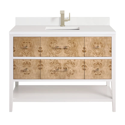 Olena 48" Single Vanity, Light Mappa Burl and Polished White w/ Single Hole 3 CM White Zeus Silestone Top & Backsplash