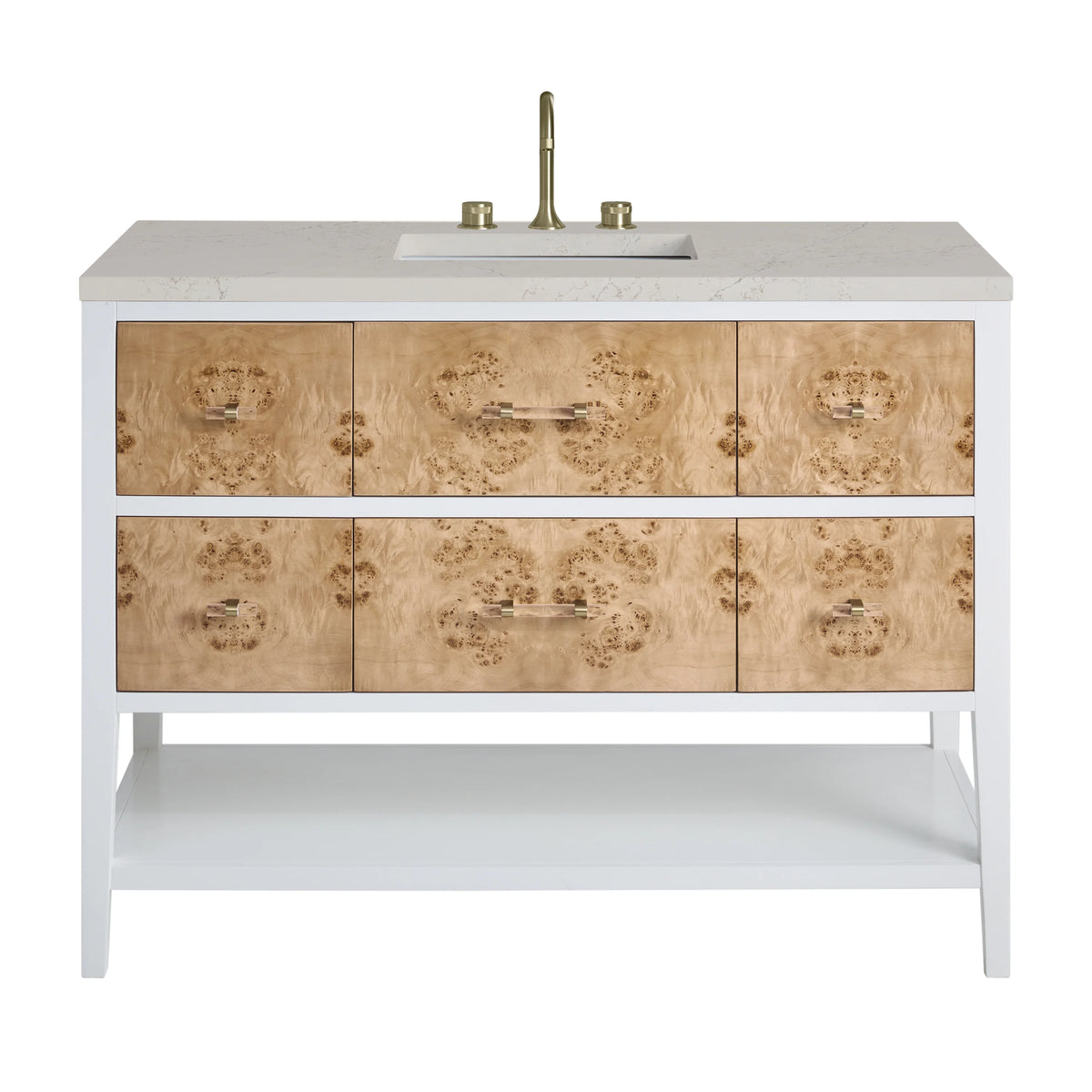 Olena 48" Single Vanity, Light Mappa Burl and Polished White, w/ 3 CM Siberian Silestone Top