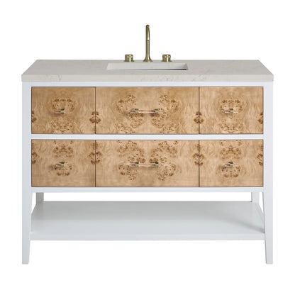 Olena 48" Single Vanity, Light Mappa Burl and Polished White, w/ 3 CM Siberian Silestone Top