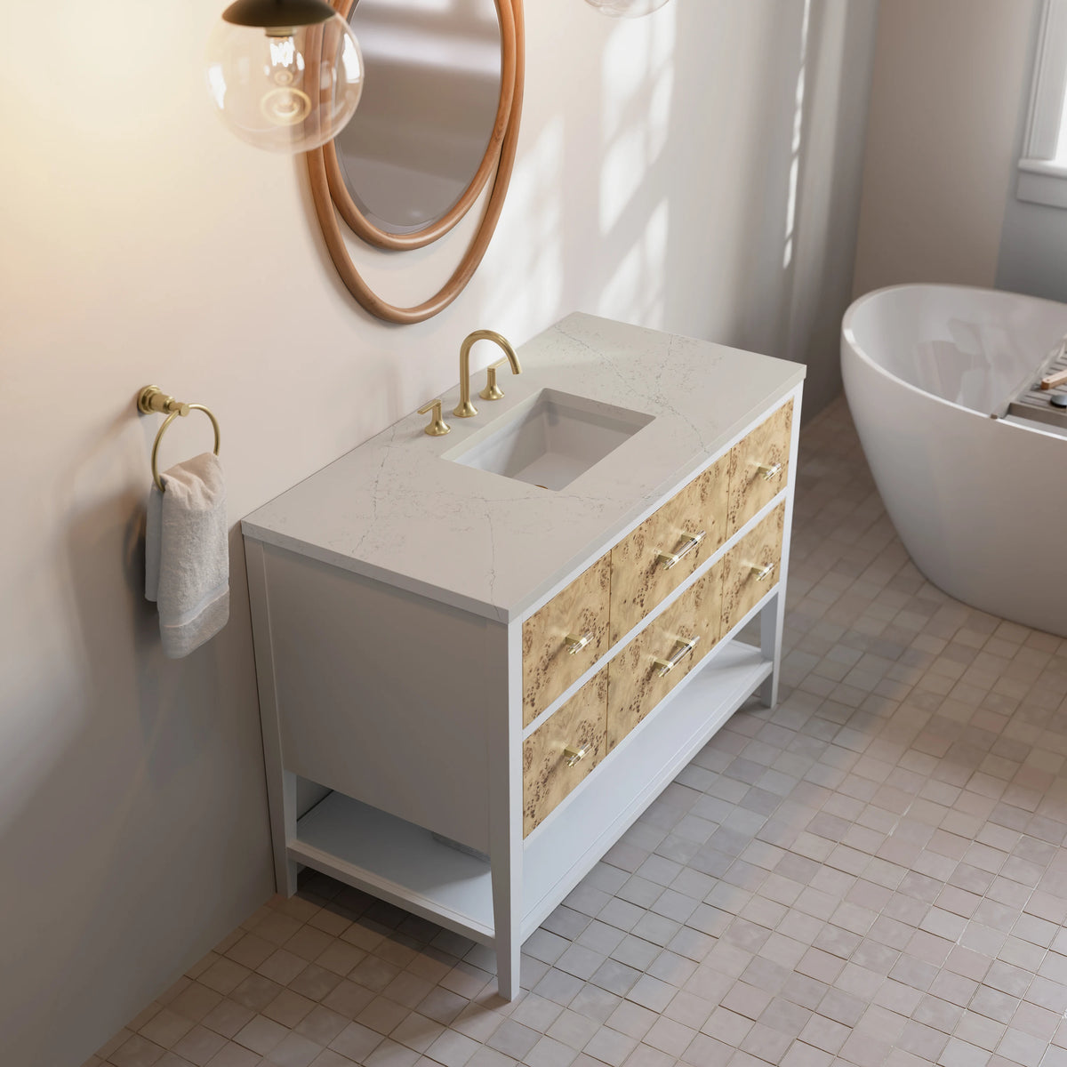 Olena 48" Single Vanity, Light Mappa Burl and Polished White, w/ 3 CM Siberian Silestone Top, view 7