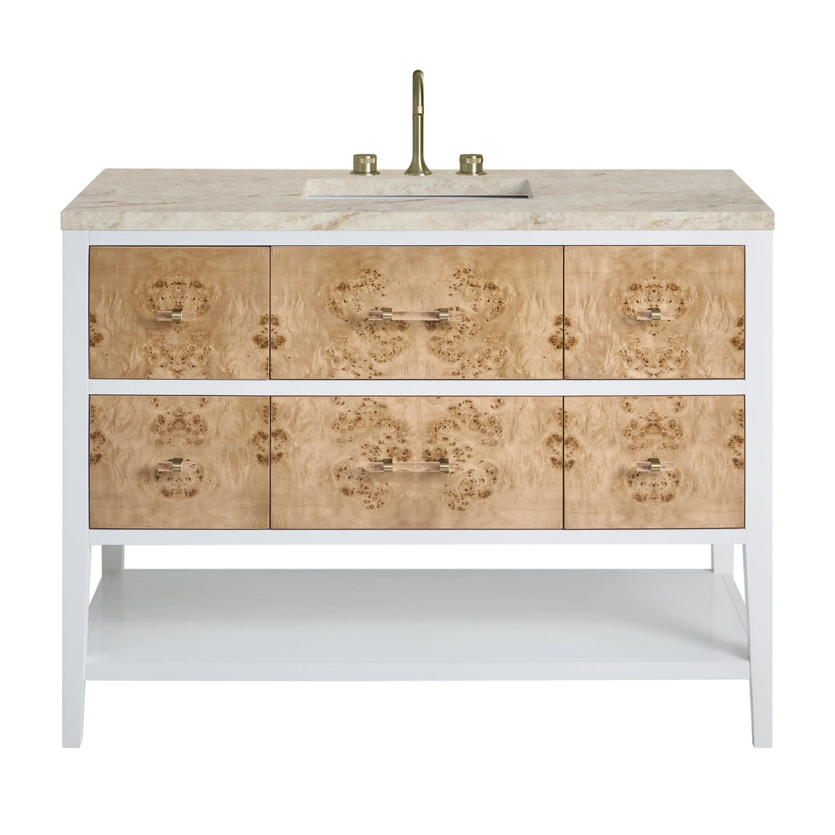 Olena 48" Single Vanity, Light Mappa Burl and Polished White, w/ 3 CM Tajnar Eclos Top w/FreePower Wireless Charger