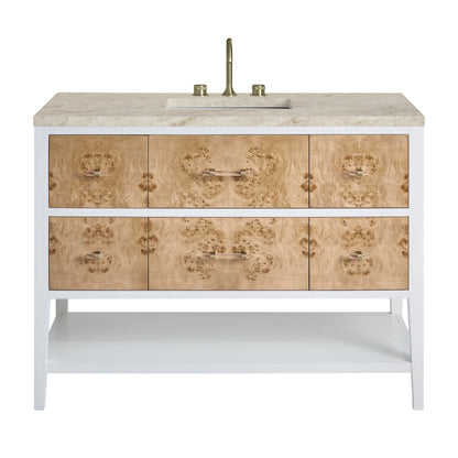 Olena 48" Single Vanity, Light Mappa Burl and Polished White, w/ 3 CM Tajnar Eclos Top w/FreePower Wireless Charger