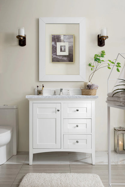 Renovate for Less Atlanta Palisades 36" Single Vanity, Bright White w/ 3 CM Carrara Marble Top