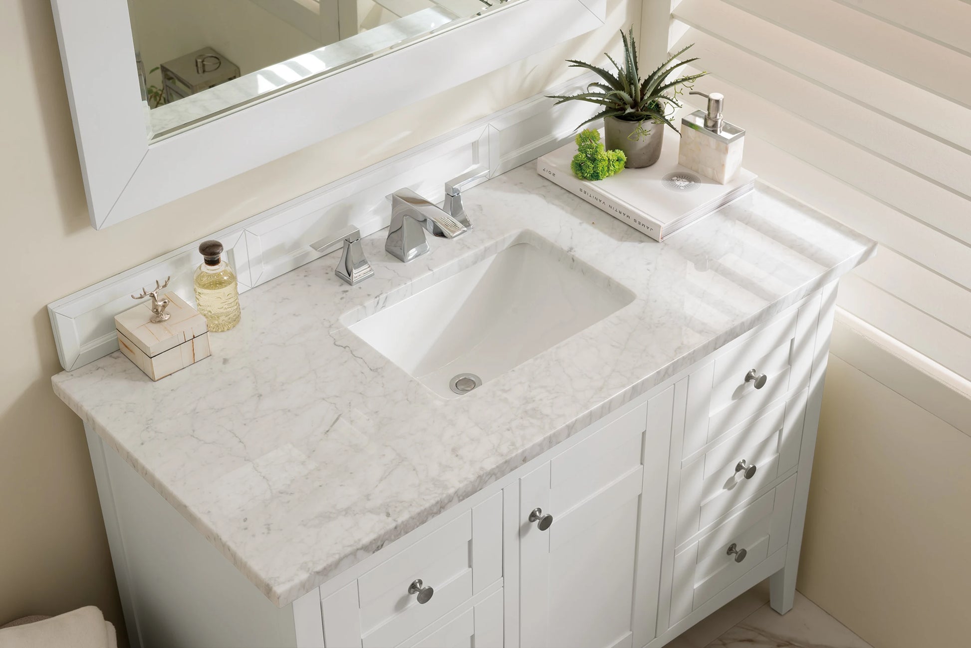 Renovate for Less Atlanta Palisades 48" Single Vanity, Bright White w/ 3 CM Carrara Marble Top, view 2