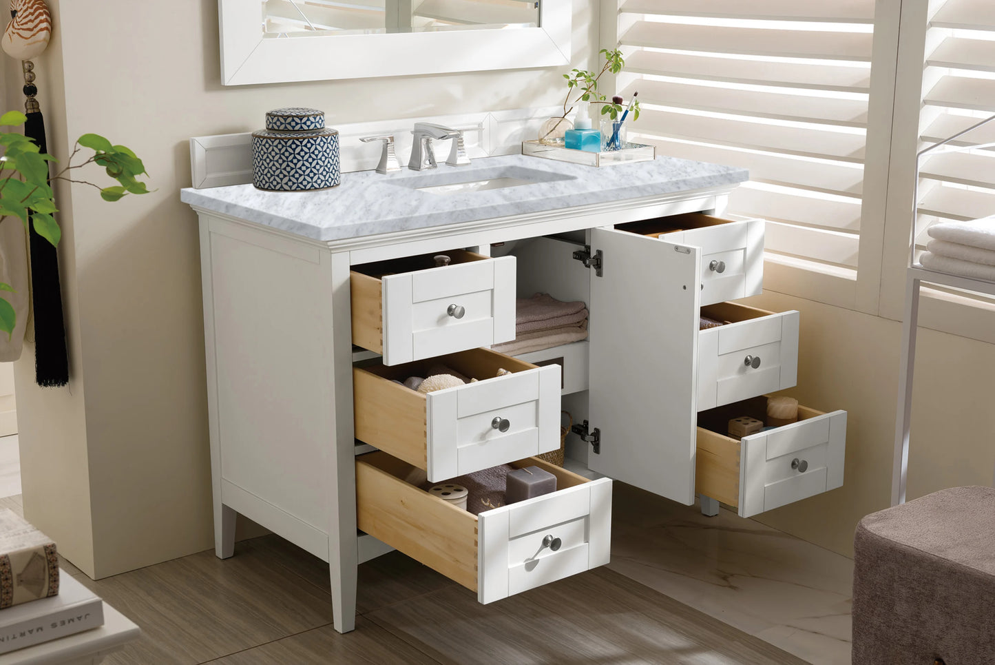 Renovate for Less Atlanta Palisades 48" Single Vanity, Bright White w/ 3 CM Carrara Marble Top, view 3