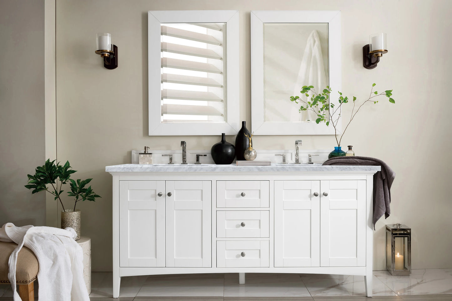 Renovate for Less Atlanta Palisades 72" Double Vanity, Bright White w/ 3 CM Carrara Marble Top
