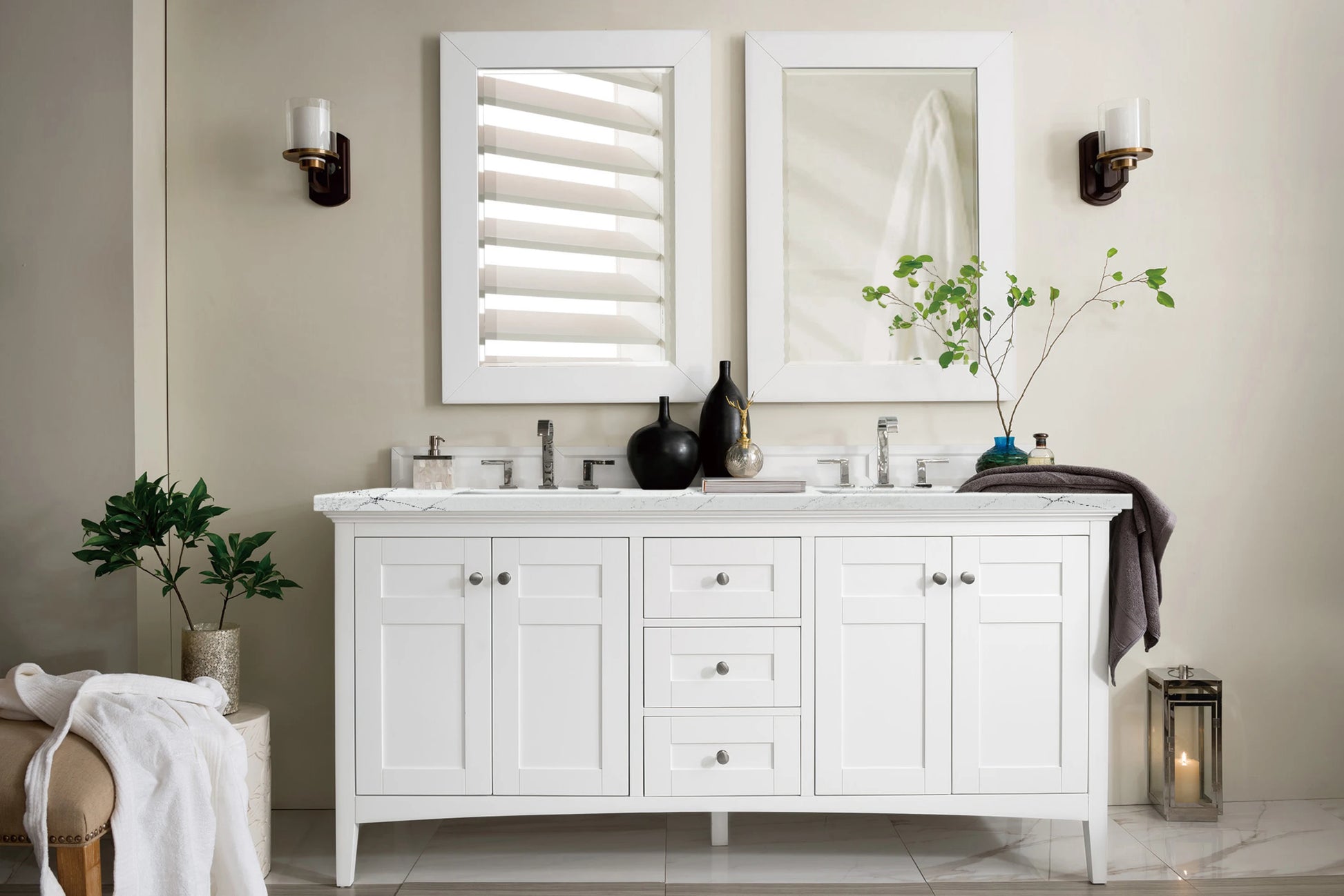 Renovate for Less Atlanta Palisades 72" Double Vanity, Bright White w/ 3 CM Ethereal Noctis Silestone Top, view 2