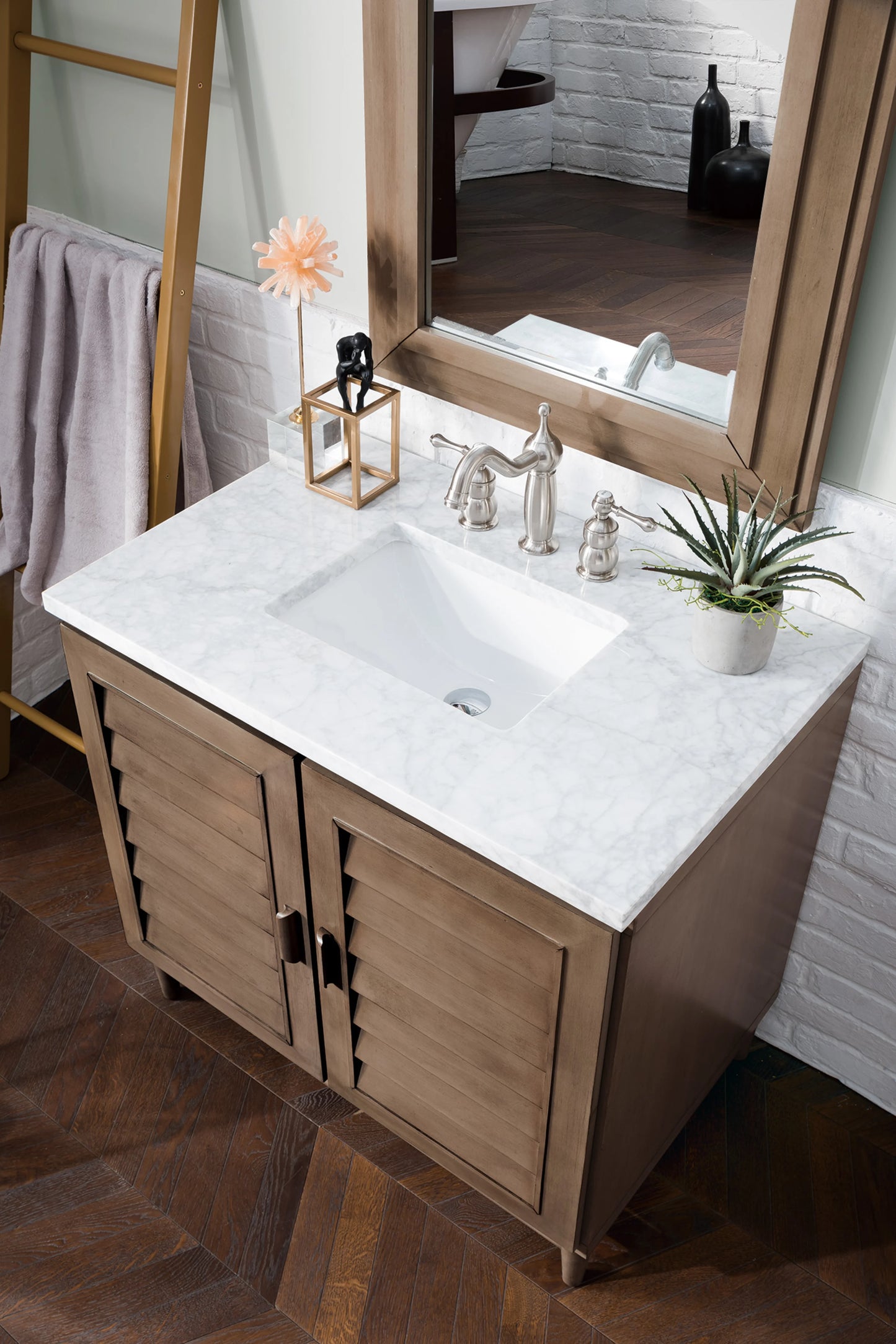 Portland 36" Single Vanity Whitewashed Walnut w/ 3 CM Carrara Marble Top, view 6