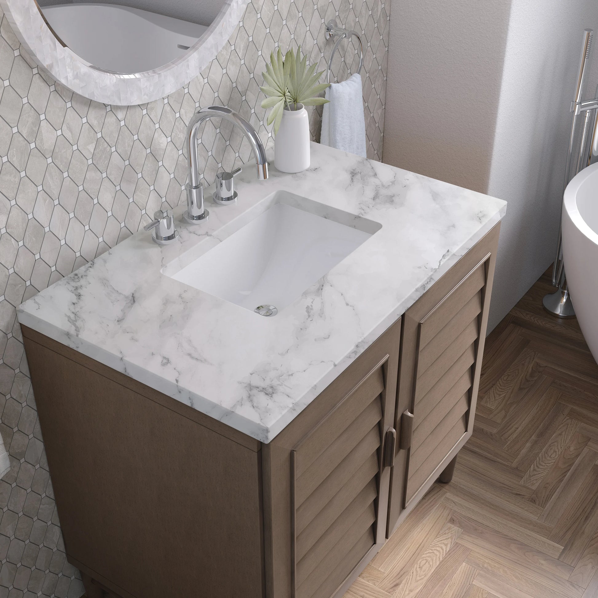Portland 36" Single Vanity Whitewashed Walnut w/ 3 CM Carrara Marble Top, view 9